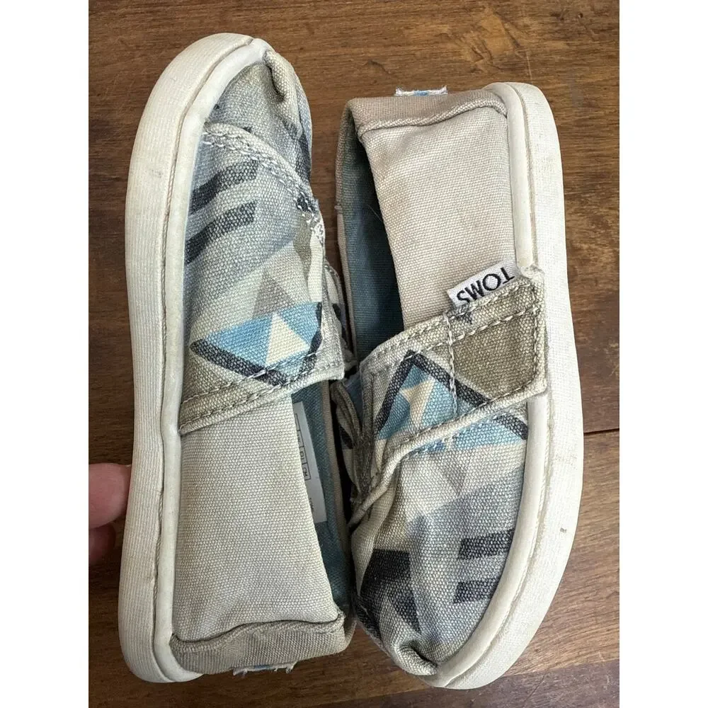 TOMS Alpargata Slip-On Shoe Geometric Blue Gray & Tan Print Toddler Size 7